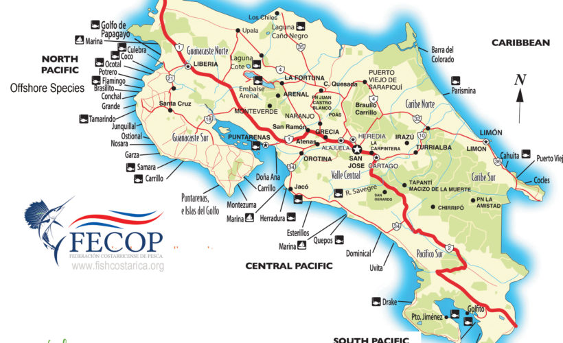 Costa Rica Mapa de lugares para pescar.